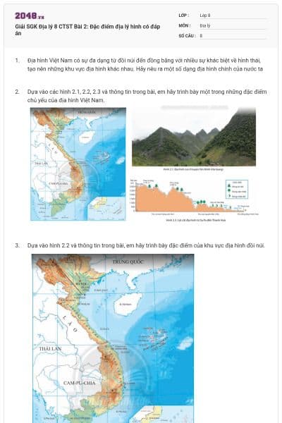 Giải SGK Địa lý 8 CTST Bài 2: Đặc điểm địa lý hình có đáp án