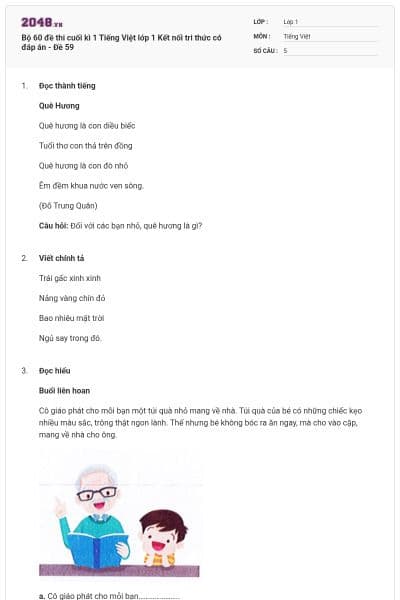 Bộ 60 đề thi cuối kì 1 Tiếng Việt lớp 1 Kết nối tri thức có đáp án - Đề 59