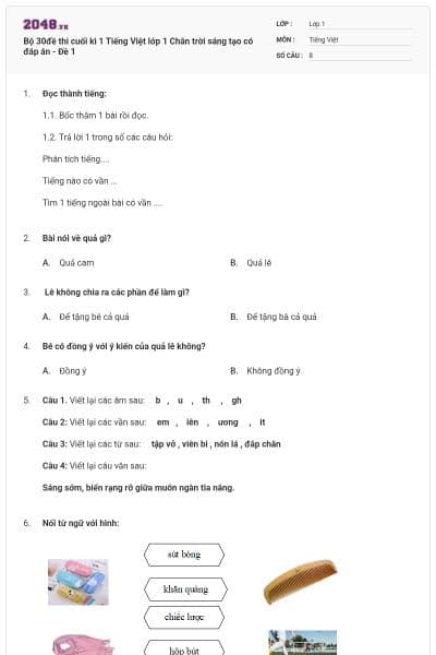 Bộ 30đề thi cuối kì 1 Tiếng Việt lớp 1 Chân trời sáng tạo có đáp án - Đề 1