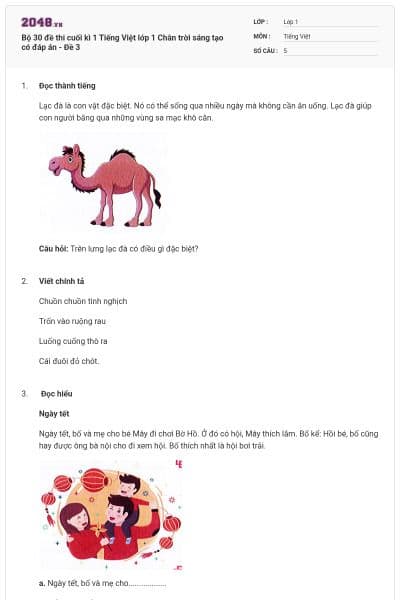 Bộ 30 đề thi cuối kì 1 Tiếng Việt lớp 1 Chân trời sáng tạo có đáp án - Đề 3