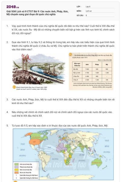 Giải SGK Lịch sử 8 CTST Bài 9: Các nước Anh, Pháp, Đức, Mỹ chuyển sang giai đoạn đế quốc chủ nghĩa
