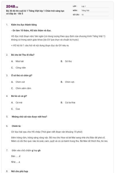 Bộ 30 đề thi cuối kì 1 Tiếng Việt lớp 1 Chân trời sáng tạo có đáp án - Đề 5