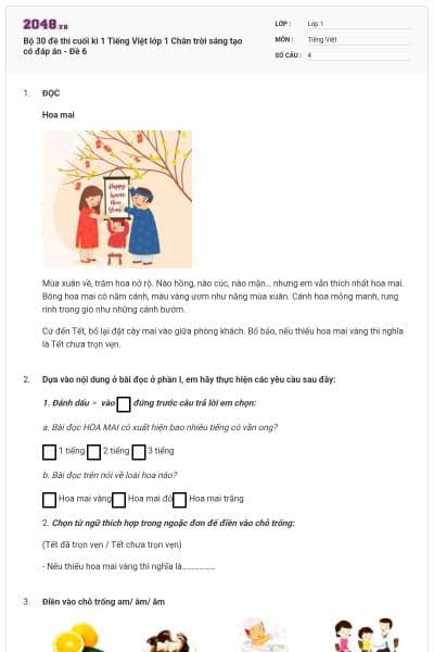 Bộ 30 đề thi cuối kì 1 Tiếng Việt lớp 1 Chân trời sáng tạo có đáp án - Đề 6