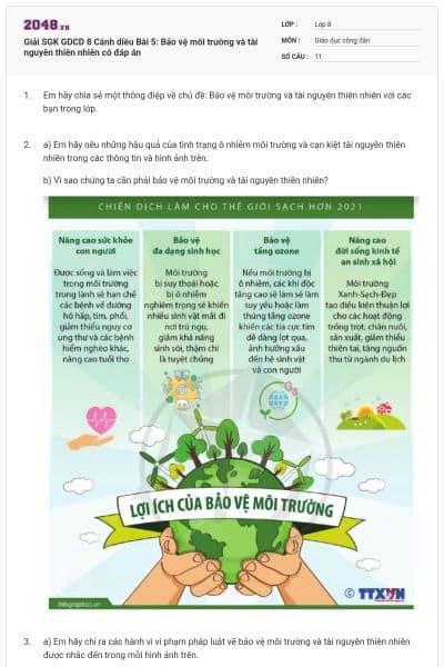 Giải SGK GDCD 8 Cánh diều Bài 5: Bảo vệ môi trường và tài nguyên thiên nhiên có đáp án