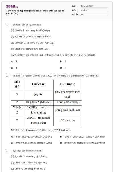 Tổng hợp bài tập thí nghiệm Hóa học từ đề thi Đại học có đáp án (P1)
