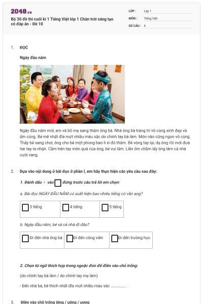 Bộ 30 đề thi cuối kì 1 Tiếng Việt lớp 1 Chân trời sáng tạo có đáp án - Đề 10