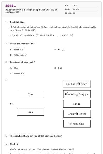 Bộ 22 đề thi cuối kì 2 Tiếng Việt lớp 1 Chân trời sáng tạo có đáp án - Đề 1