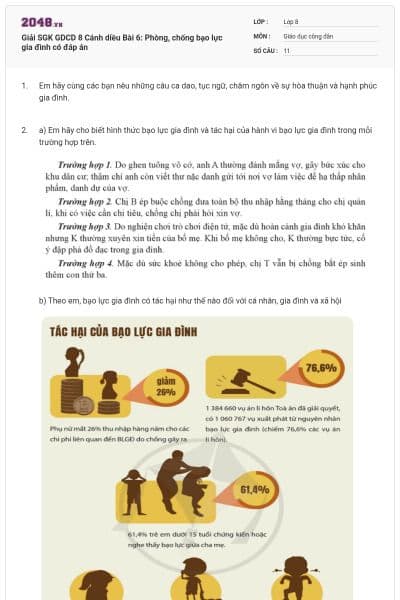 Giải SGK GDCD 8 Cánh diều Bài  6: Phòng, chống bạo lực gia đình có đáp án