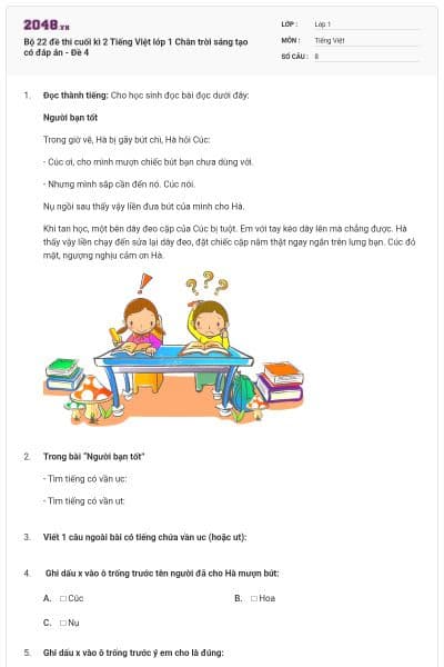 Bộ 22 đề thi cuối kì 2 Tiếng Việt lớp 1 Chân trời sáng tạo có đáp án - Đề 4