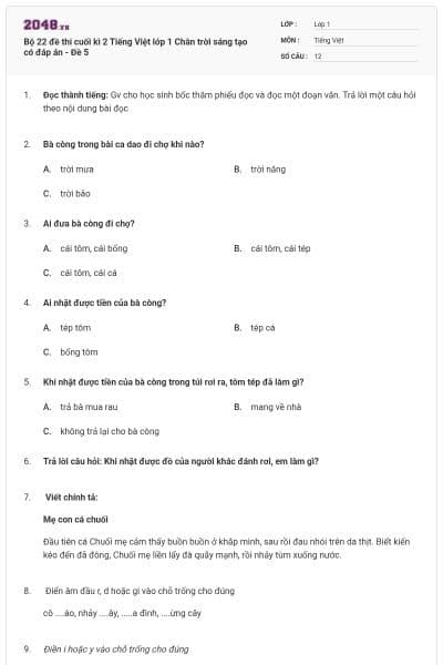 Bộ 22 đề thi cuối kì 2 Tiếng Việt lớp 1 Chân trời sáng tạo có đáp án - Đề 5