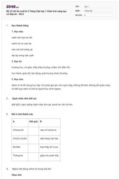 Bộ 22 đề thi cuối kì 2 Tiếng Việt lớp 1 Chân trời sáng tạo có đáp án - Đề 6