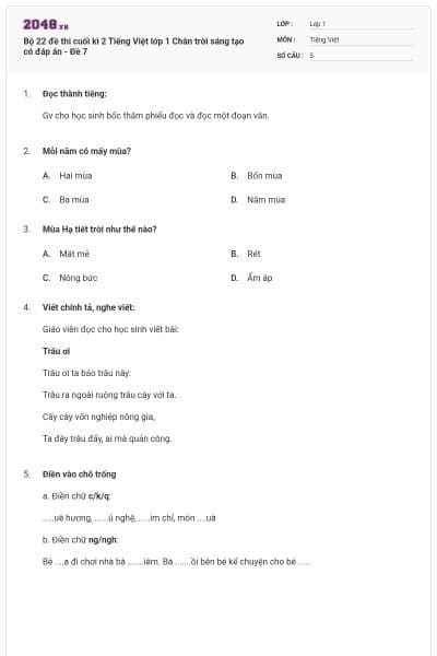 Bộ 22 đề thi cuối kì 2 Tiếng Việt lớp 1 Chân trời sáng tạo có đáp án - Đề 7