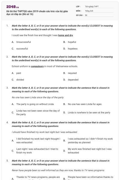 Đề thi thử THPTQG năm 2019 chuẩn cấu trúc của bộ giáo dục có đáp án (Đề số 16)