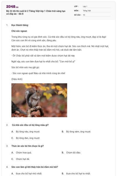 Bộ 22 đề thi cuối kì 2 Tiếng Việt lớp 1 Chân trời sáng tạo có đáp án - Đề 8