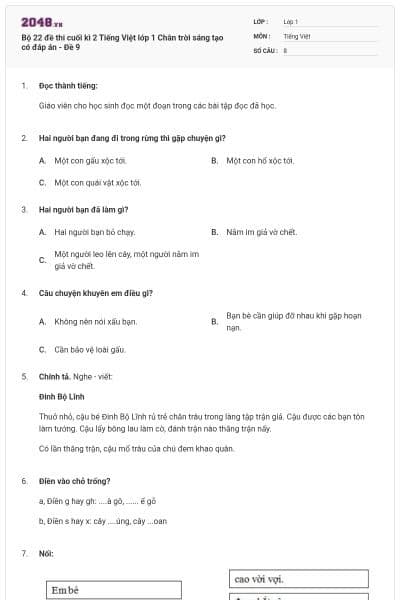 Bộ 22 đề thi cuối kì 2 Tiếng Việt lớp 1 Chân trời sáng tạo có đáp án - Đề 9