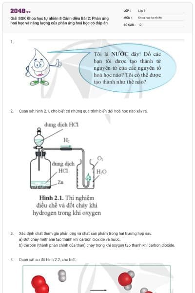 Giải SGK Khoa học tự nhiên 8 Cánh diều Bài 2: Phản ứng hoá học và năng lượng của phản ứng hoá học có đáp án