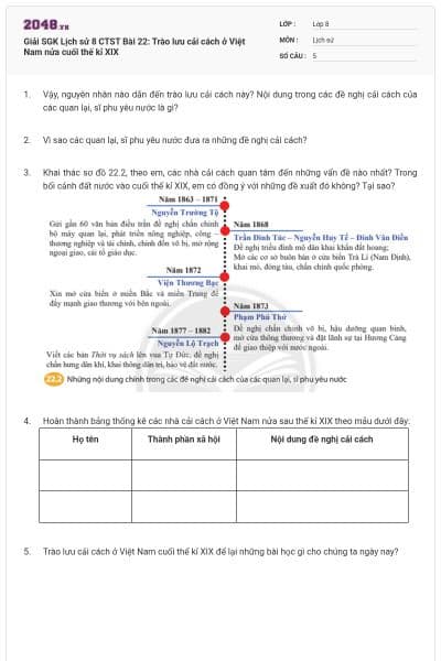 Giải SGK Lịch sử 8 CTST Bài 22: Trào lưu cải cách ở Việt Nam nửa cuối thế kỉ XIX
