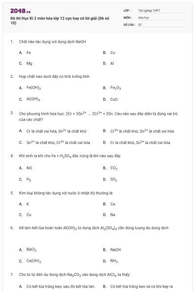 Đề thi Học Kì 2 môn hóa lớp 12 cực hay có lời giải (Đề số 10)