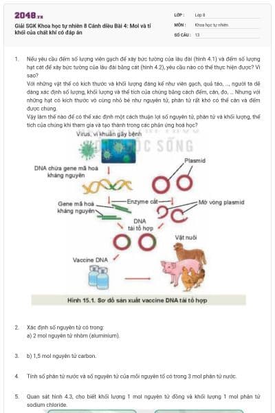 Giải SGK Khoa học tự nhiên 8 Cánh diều Bài 4: Mol và tỉ khối của chất khí có đáp án
