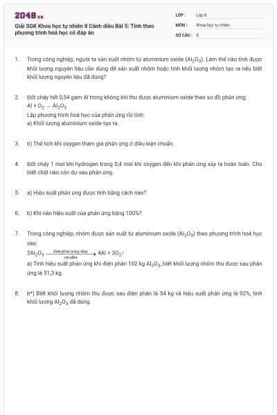 Giải SGK Khoa học tự nhiên 8 Cánh diều Bài 5: Tính theo phương trình hoá học có đáp án