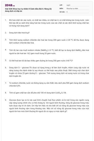Giải SGK Khoa học tự nhiên 8 Cánh diều Bài 6: Nồng độ dung dịch có đáp án