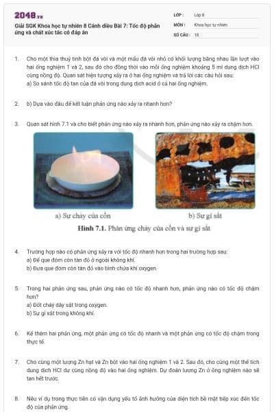 Giải SGK Khoa học tự nhiên 8 Cánh diều Bài 7: Tốc độ phản ứng và chất xúc tác có đáp án