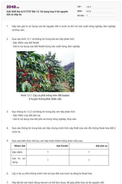 Giải SGK Địa lý 8 CTST Bài 12: Sử dụng hợp lí tài nguyên đất có đáp án