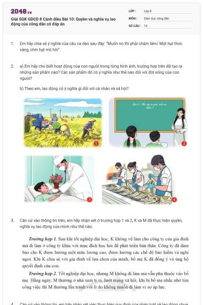 Giải SGK GDCD 8 Cánh diều Bài 10: Quyền và nghĩa vụ lao động của công dân có đáp án