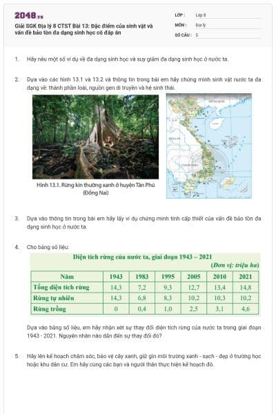 Giải SGK Địa lý 8 CTST Bài 13: Đặc điểm của sinh vật và vấn đề bảo tồn đa dạng sinh học có đáp án