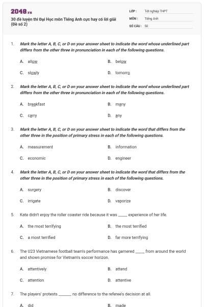 30 đề luyện thi Đại Học môn Tiếng Anh cực hay có lời giải (Đề số 2)