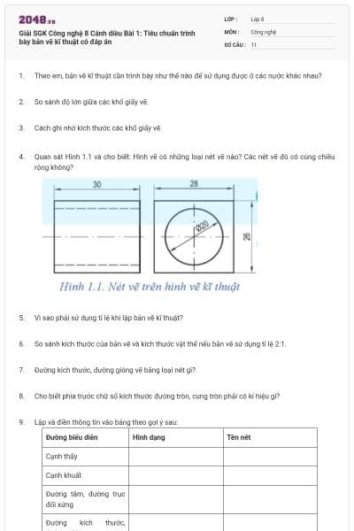 Giải SGK Công nghệ 8 Cánh diều  Bài 1: Tiêu chuẩn trình bày bản vẽ kĩ thuật có đáp án
