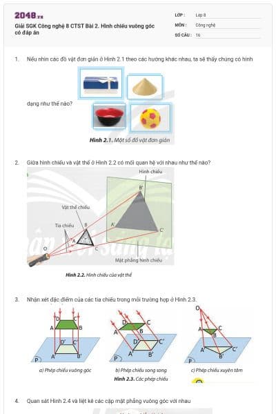 Giải SGK Công nghệ 8 CTST Bài 2. Hình chiếu vuông góc có đáp án