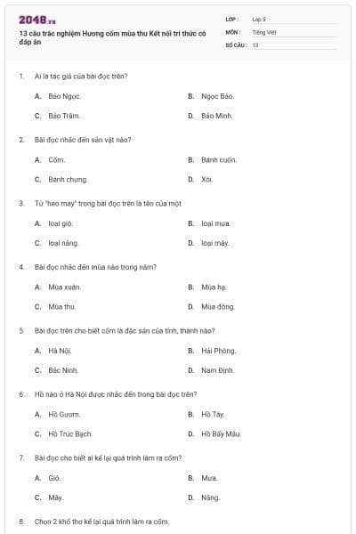 13 câu trắc nghiệm Hương cốm mùa thu Kết nối tri thức có đáp án