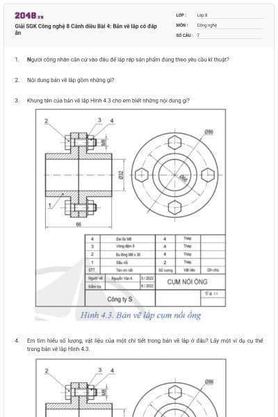 Giải SGK Công nghệ 8 Cánh diều Bài 4: Bản vẽ lắp có đáp án