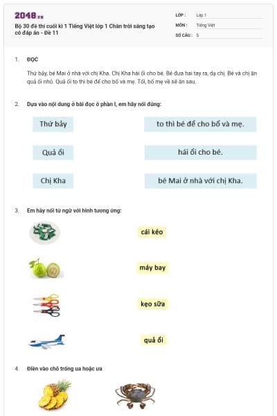 Bộ 30 đề thi cuối kì 1 Tiếng Việt lớp 1 Chân trời sáng tạo có đáp án - Đề 11