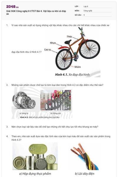 Giải SGK Công nghệ 8 CTST Bài 4. Vật liệu cơ khí có đáp án