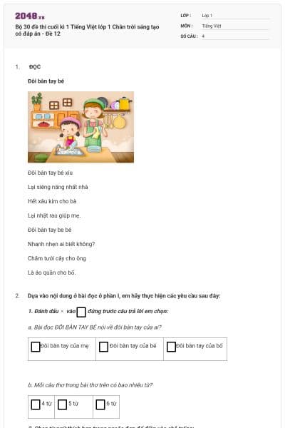 Bộ 30 đề thi cuối kì 1 Tiếng Việt lớp 1 Chân trời sáng tạo có đáp án - Đề 12