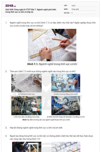 Giải SGK Công nghệ 8 CTST Bài 7. Ngành nghề phổ biến trong lĩnh vực cơ khí có đáp án