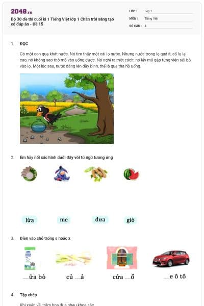 Bộ 30 đề thi cuối kì 1 Tiếng Việt lớp 1 Chân trời sáng tạo có đáp án - Đề 15