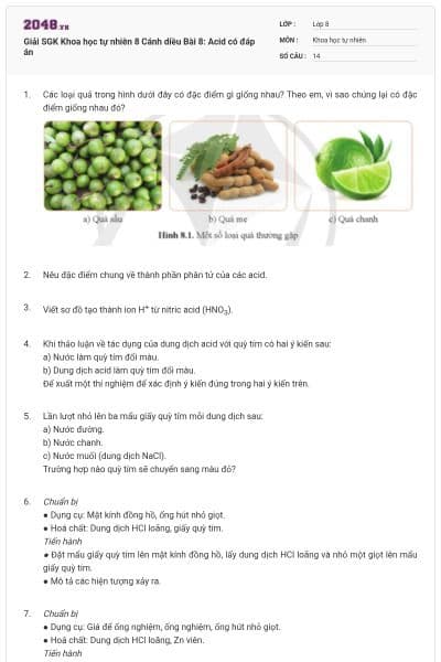 Giải SGK Khoa học tự nhiên 8 Cánh diều Bài 8: Acid có đáp án
