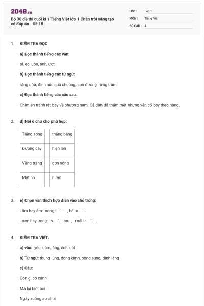 Bộ 30 đề thi cuối kì 1 Tiếng Việt lớp 1 Chân trời sáng tạo có đáp án - Đề 18