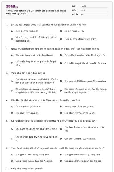 17 câu  Trắc nghiệm Địa Lí 11 Bài 6 (có đáp án): Hợp chủng quốc Hoa Kỳ (Phần 1)