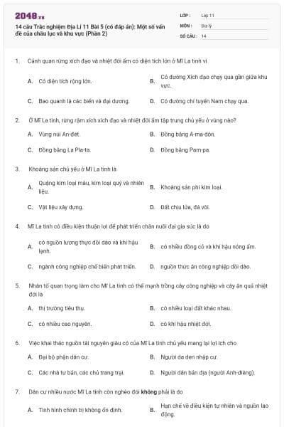 14 câu  Trắc nghiệm Địa Lí 11 Bài 5 (có đáp án): Một số vấn đề của châu lục và khu vực (Phần 2)