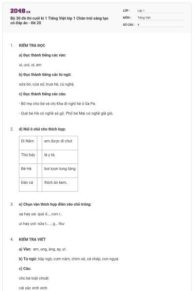 Bộ 30 đề thi cuối kì 1 Tiếng Việt lớp 1 Chân trời sáng tạo có đáp án - Đề 20