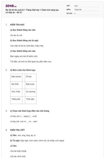 Bộ 30 đề thi cuối kì 1 Tiếng Việt lớp 1 Chân trời sáng tạo có đáp án - Đề 21