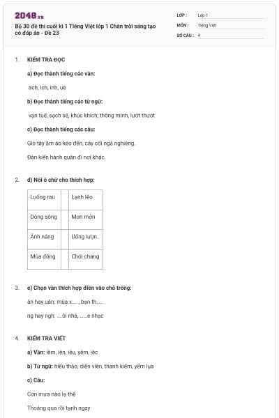 Bộ 30 đề thi cuối kì 1 Tiếng Việt lớp 1 Chân trời sáng tạo có đáp án - Đề 23