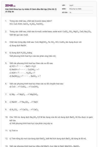 Giải SGK Khoa học tự nhiên 8 Cánh diều Bài tập (Chủ đề 2) có đáp án