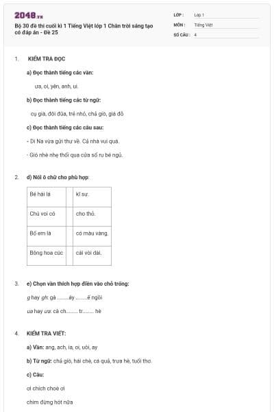 Bộ 30 đề thi cuối kì 1 Tiếng Việt lớp 1 Chân trời sáng tạo có đáp án - Đề 25