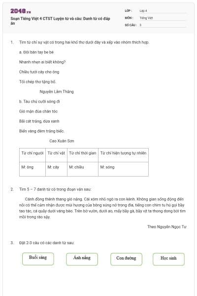 Soạn Tiếng Việt 4 CTST Luyện từ và câu: Danh từ có đáp án
