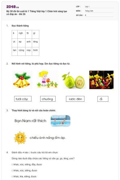 Bộ 30 đề thi cuối kì 1 Tiếng Việt lớp 1 Chân trời sáng tạo có đáp án - Đề 26